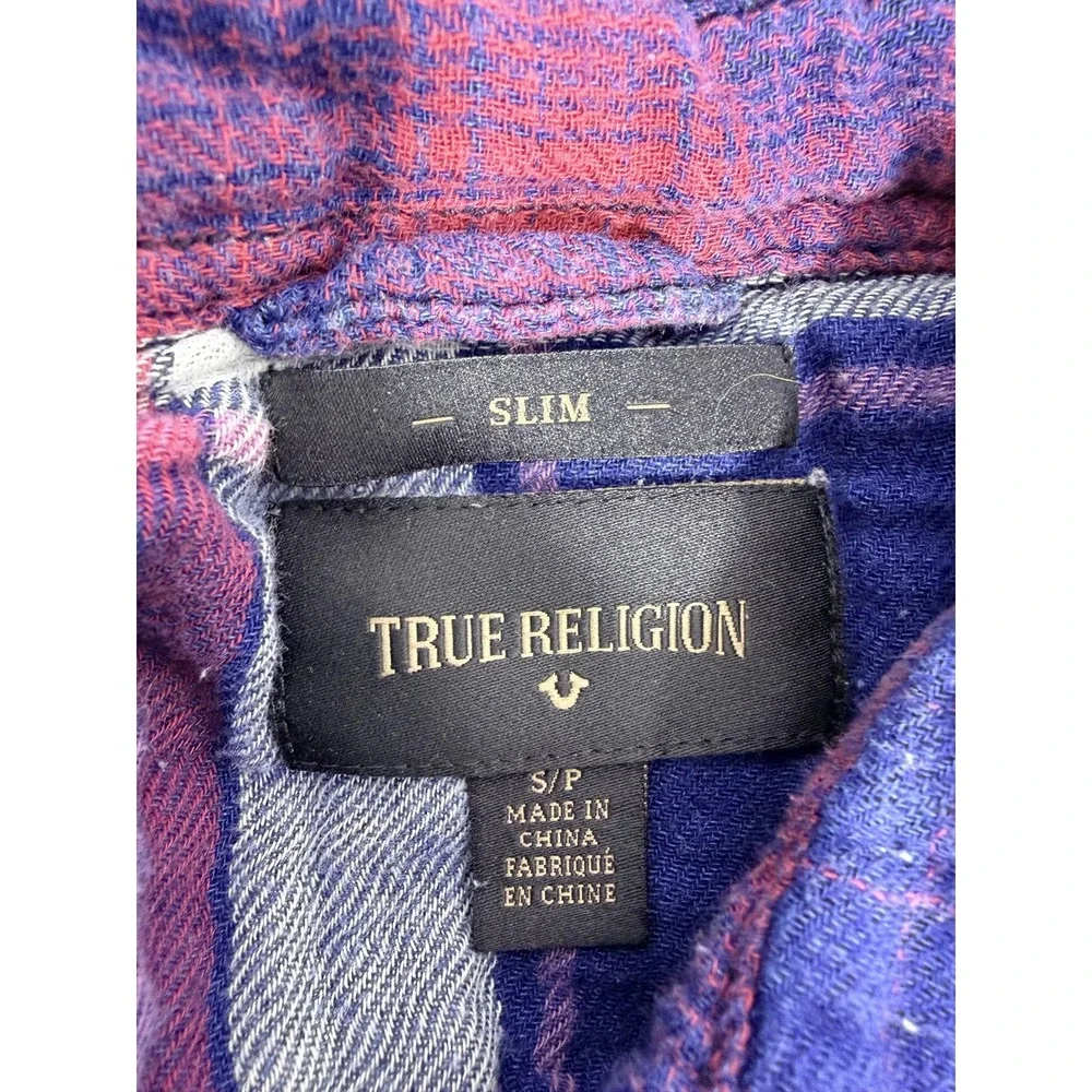 True Religion Shirt Mens Small Blue Red‎ Plaid Flannel Western Slim Long Sleeve